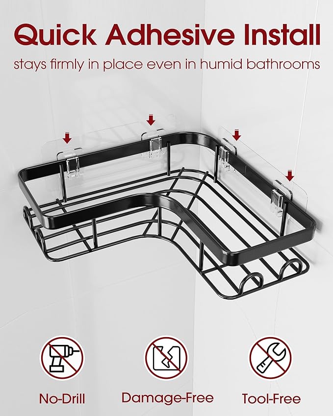 Sakugi Corner Shower Caddy - 3-Pack Shower Organizer with Soap Holder & Built-In Hooks, Rustproof Metal Shower Shelves, Laundry, Kitchen, Bathroom Organizers and Storage Solution, Large, Black