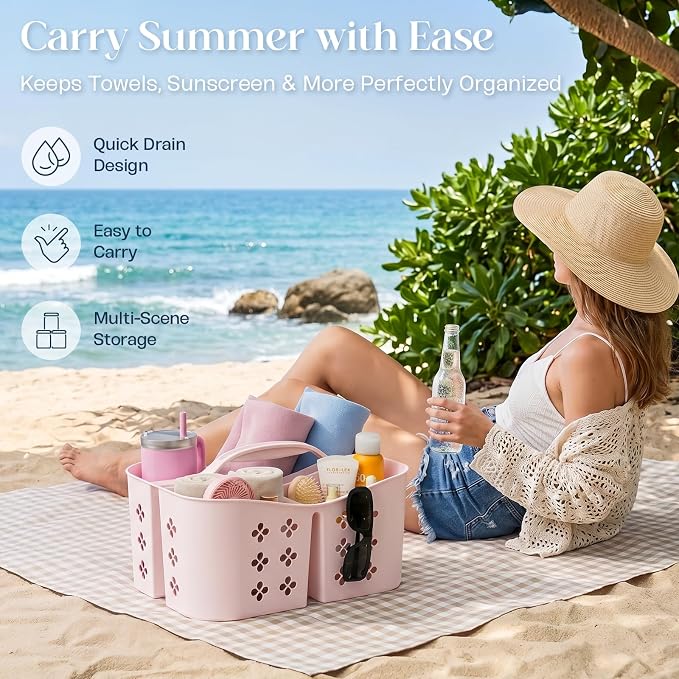Portable Shower Caddy with Handle, Large Capacity Shower Basket Organizer, Quick-Drain Bathroom Storage Tote, Durable Plastic Shower Organizer for College Dorm, Beach, Gym, Travel Essentials, Pink