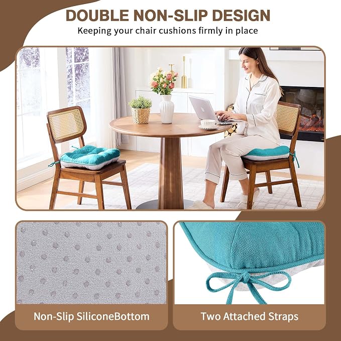 BETU Chair Cushions for Dining Chairs Set of 6,3.5" Thick Kitchen Table Chair Pads with Ties,Non Slip Backing and Covers, Seat Cushion for Dining Room,Bar,Patio Chairs,15.5"X15.5"X3.5",Teal
