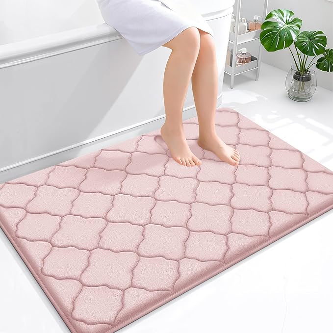 OLANLY Memory Foam Bath Mat Rug 47x32, Ultra Soft and Absorbent Bathroom Rugs, Non-Slip, Comfortable, Machine Washable Bath Carpet for Bathroom Floor, Tub, Shower and Home Decor Accessories, Pink