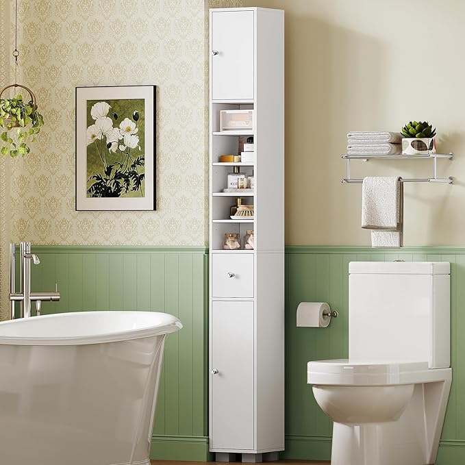 TEENFON Bathroom Cabinet, Narrow Bathroom Storage Cabinet with 5 Adjustable Shelves & Drawer, Freestanding Cupboard for Small Spaces, White