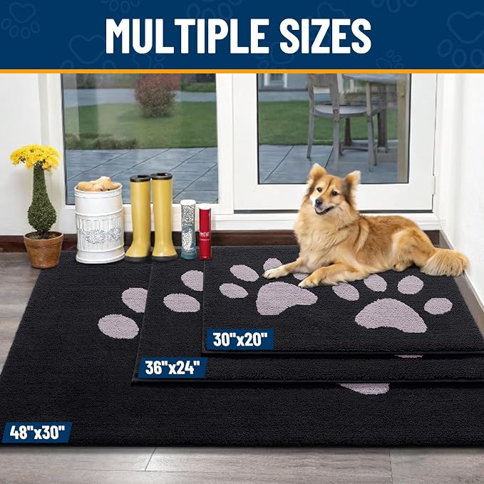Smiry Dog Door Mat for Muddy Paws, Absorbs Moisture and Dirt, Low-Profile Entryway Mat with Non-Slip Backing, Entry Indoor Outdoor Doormat for Inside Floor (47x24 Inches, Black and Grey, Paw)