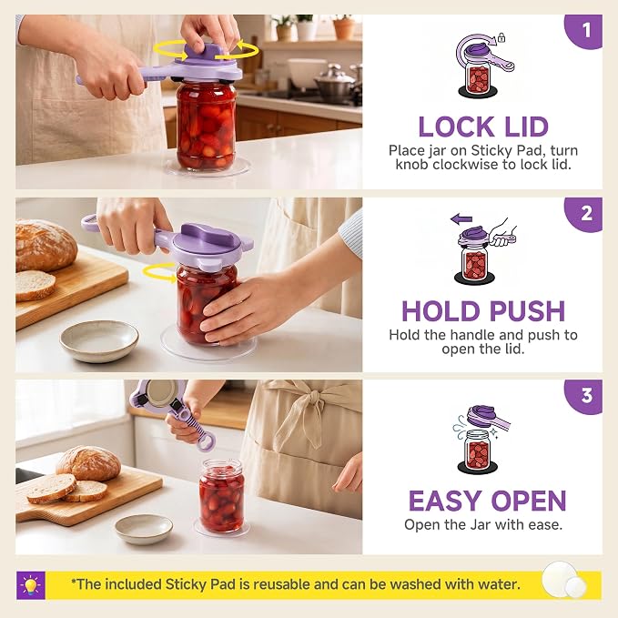 2026 Upgraded 4-in-1 Jar Opener - Adjustable Stainless Steel Lid Remover for Seniors & Arthritis Sufferers, Fits Kitchen Jars, Bottles & Cans Purple(2Pcs)