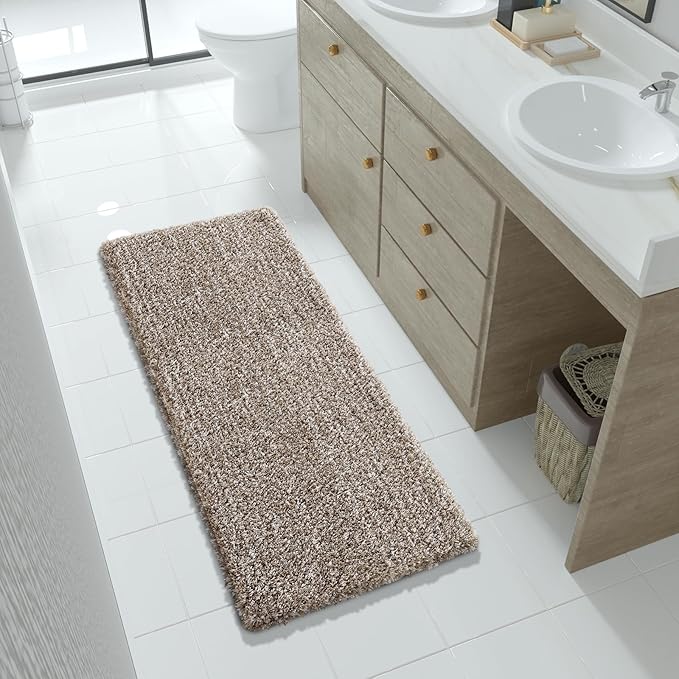 Yimobra Luxury Bathroom Rugs, Fluffy Bath Mats, Non Slip, Water Absorbent Microfiber, Machine Washable, Plush Runner Shower Rugs, Thick Matts for Bathroom Floor&Tub, 56" X 24", Light Brown and White