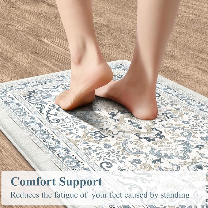 KIMODE Kitchen Floor Mats Cushioned Anti Fatigue,Boho Vintage Floral Rugs Sets of 2,Ergonomic Memory Foam Carpet Non Slip, Comfort Runner for Sink Laundry Office,Light Blue 17"x29.5"+17" x47”