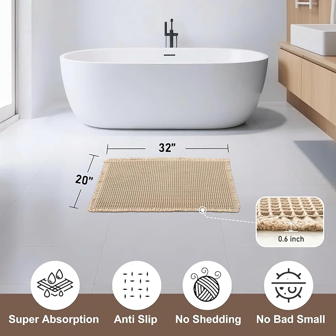 JIUZHEN Waffle Bath Mat Absorbent Bathroom Rugs Non Slip Waffle Rug Washable Boho Mats for Bathroom Quick Dry Farmhouse Bath Mats, Ultra Soft & Durable, 20" x 32", Brown