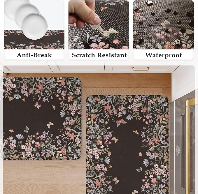 KIMODE Kitchen Anti Fatigue Mats, Farmhouse Kitchen Rugs Sets of 2, Memory Foam Kitchen Mats for Floor, Waterproof Non Skid Standing Mat for Sink Laundry Office Desk Black 20"x47"+20"x32"