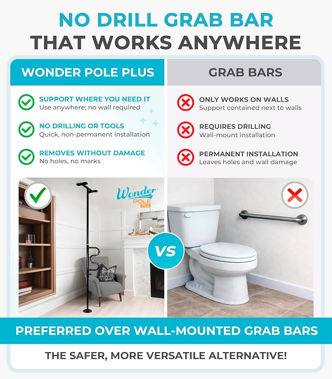 Stander Wonder Pole Plus with Rotating Double Grab Bar, Tension Mounted Security Pole for Seniors & Elderly Adults, No-Drill Floor to Ceiling Transfer Pole for Home & Bath Safety, Black