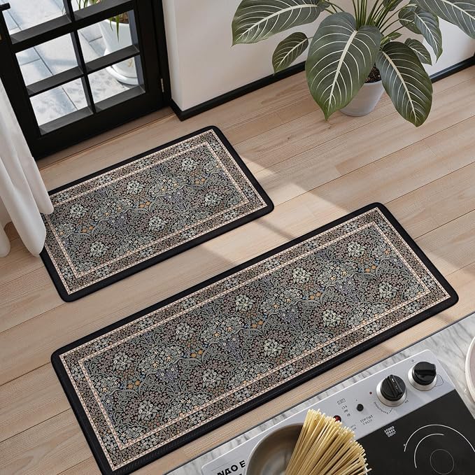Collive Kitchen Mats for Floor, Cushioned Anti Fatigue Mat Floral Rugs 2 Piece Non Skid Waterproof Sink Rug, Memory Foam Comfort Standing Mat for Office, Laundry, Desk, Black/Mulit