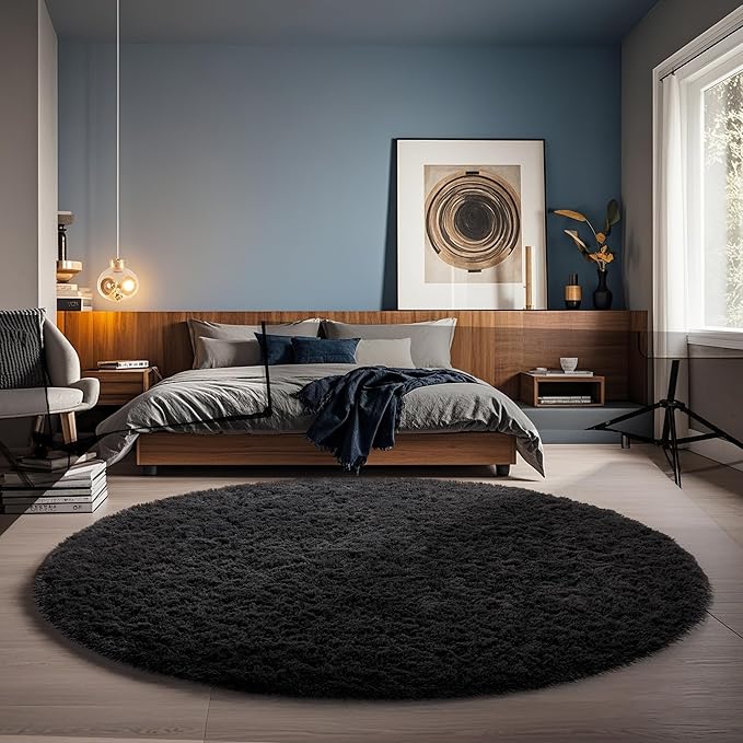 Ophanie Round Rug 5Ft Black Circle Area Rug, Room Decor for Men, Fluffy Fuzzy Bedroom Carpet, Plush Soft Shaggy Living Room Rugs for Kids Home Aesthetic, Nursery