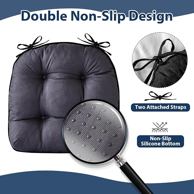 IASEAHK Chair Cushions for Dining Chairs, Seat Cushions for Kitchen Chairs, Indoor Seat Cushions with Ties, Tufted Foam Chair Pads, Non Slip Chair Cushions Set of 6, 15.5" x 15.5" x 4", Black