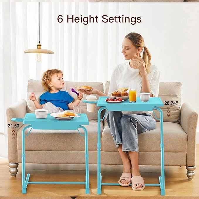 HUANUO Adjustable TV Tray Table - TV Dinner Tray with Cup Holder on Bed & Sofa, Comfortable Folding Table with 6 Height & 3 Tilt Angle Adjustments for Laptop (Azure)