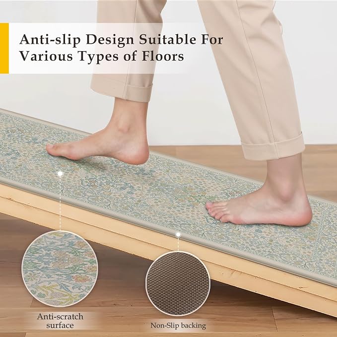 Kitchen Mats for Floor Thick Anti Fatigue Waterproof Vintage Spring Floral Kitchen Rugs 2PCS Cushioned Non Blue Comfort Standing Mats for Sink Laundry Office 17.3"×47"+17.3"×30"