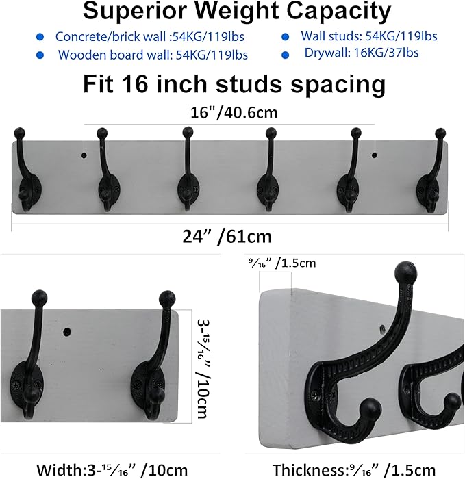 WEBI Rustic Coat Rack Wall Mount,24" Long 6 Cast Iron Coat Hooks Wall Mounted,Heavy Duty Wood Wall Coat Hanger Hooks for Hanging Coats,Jacket,Clothes,Backpack,Farmhouse,Gray