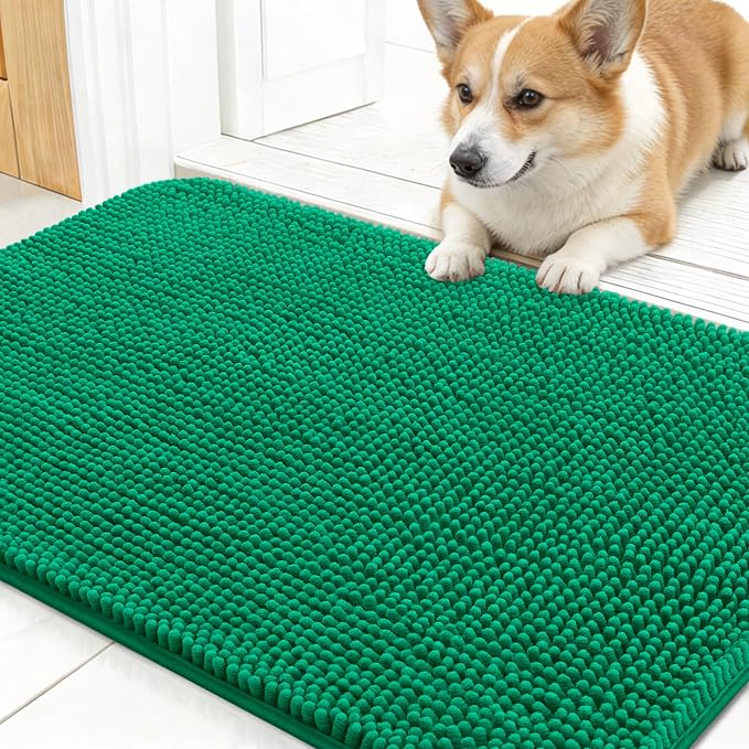 OLANLY Dog Door Mat for Muddy Paws 24x16, Absorbs Moisture and Dirt, Absorbent Non-Slip Washable Doormat, Quick Dry Chenille Mud Mat, Entry Indoor Entryway Carpet for Inside Floor, Emerald Green