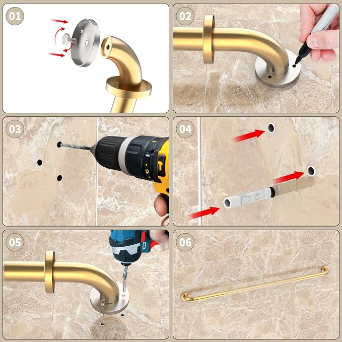 Brushed Gold Shower Grab Bar w/Anti-Slip Knurled Grip 2 Pack 47 Inch,YuanDe Stainless Steel Bathroom Grab Bars,Handicap Injury Elderly Senior Assist Support Shower Handle