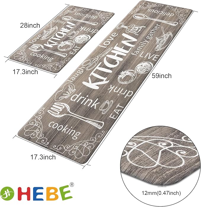 HEBE Kitchen Rugs Set of 2, Cushioned Anti Fatigue Kitchen Mats for Floor, Non Slip Waterproof Comfort Standing Desk Mat Carpet for Sink, Stove, Laundry Room