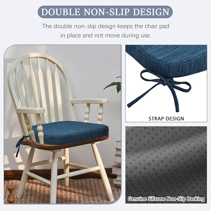 baibu Kitchen Chair Cushions Set of 2, Dual-Layer Patented Design Memory Foam Dining Chair Pads with Ties and Washable Cover, 2 Pack, 17" x 16" x 2", Blue