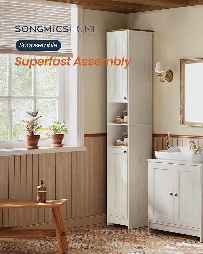 SONGMICS HOME 67-Inch Tall Bathroom Storage Cabinet, Superfast Toolless Assembly, 11.8-Inch Wide Slim Narrow Freestanding Cabinet with Adjustable Shelves, Kitchen Living Room, Rustic White