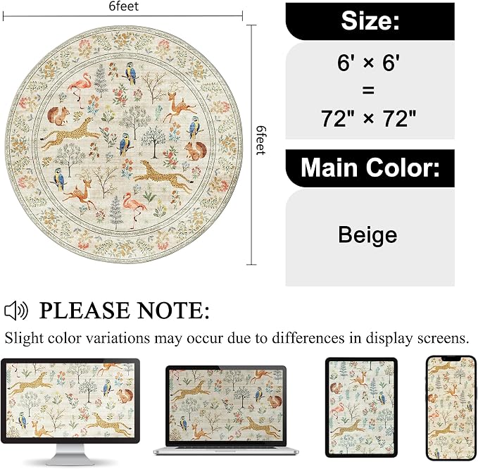 DUKINO 6ft Round Rug for Bedroom, Animal Print Washable Circle Rug with Low Pile Design, Soft Indoor Floor Non Slip Carpet for Entryway, Living Room, Office, Dining Room, Beige