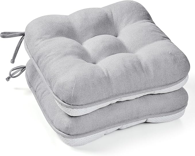 BETU Chair Cushions for Dining Chairs Set of 2,3.5" Thick Kitchen Table Chair Pads with Ties,Non Slip Backing and Covers, Seat Cushion for Dining Room,Bar,Patio Chairs,15.5"X15.5"X3.5",Light Grey