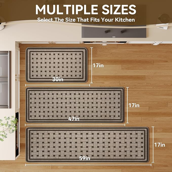 Kitchen Mats for Floor, 17''x30'' Washable Absorbent Non Slip Kitchen Mat, Braided Kitchen Runner Rug, Kitchen Sink Rug, Brown