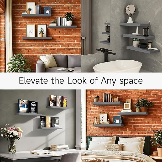 BAYKA Floating Shelves for Wall Grey, Set of 3, Wall Mounted Rustic Wood Shelves for Bathroom, Bedroom, Living Room, Kitchen, Hanging Shelf for Books/Storage/Decor with 22lbs Capacity, Black, 22.5in