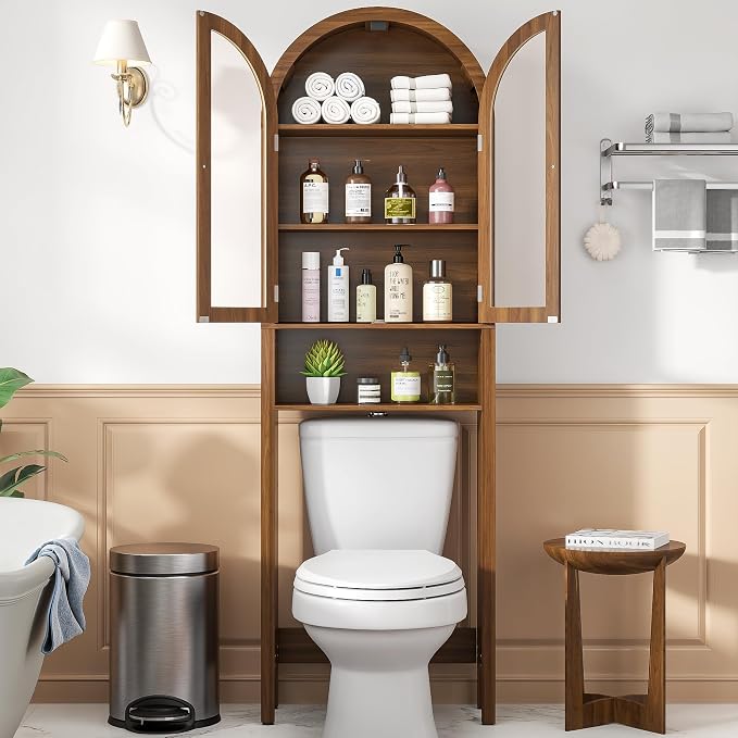 Arched Over The Toilet Storage Cabinet with Acrylic Doors, 4 Tier Small Bathroom Shelf Organizer, Mid Century Modern Bathroom Cabinet with Adjustable Shelf, Slim Narrow Arch Toilet Rack, Walnut