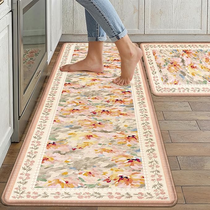 Anti Fatigue Kitchen Mats 2PCS Thick Non Slip Cushioned Rugs Beige Abstract Floral Waterproof Comfort Standing Mats for Floor Sink Laundry Office 17.3"×47"+17.3"×30"