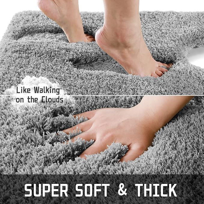Yimobra U Shaped Toilet Bath Rug, Fluffy Plush, Super Shaggy Soft Non Slip, Water Absorbent Microfiber Bath Mat, Dries Quickly, Machine Washable Thick Bathroom Rugs, 20"x 24", Pure Gray
