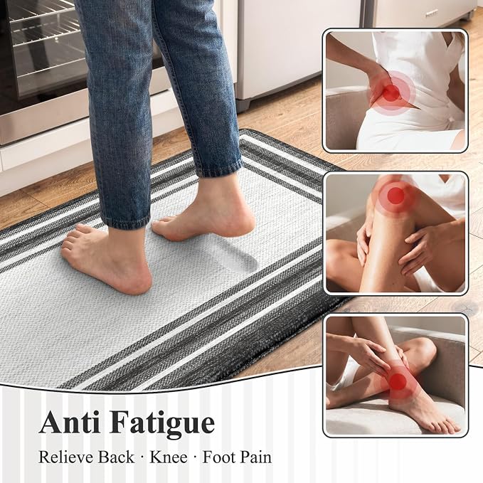 KIMODE Anti Fatigue Kitchen Mat for Floor 2PC,Kitchen Rugs Non Slip Rubber Backing,Waterproof Farmhouse Kitchen Floor Mat,Cushioned Standing Mat for Home Decor,Office,Laundry,Sink,Desk,Black and Grey