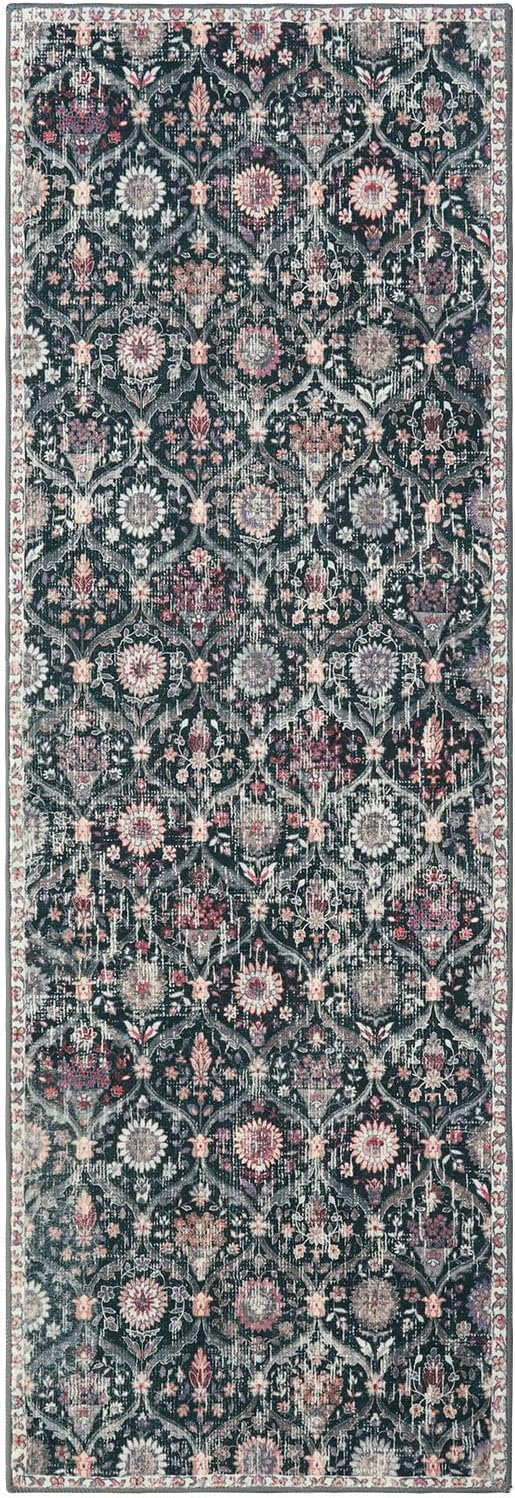 Lahome Moroccan Trellis Washable Runner Rug, 2x6 Kitchen Runners for Hallways 6 Feet Non Slip, Vintage Laundry Room Rug Ultra-Thin Carpet for Bathroom Bedroom Entryway Elise, Black/Multi