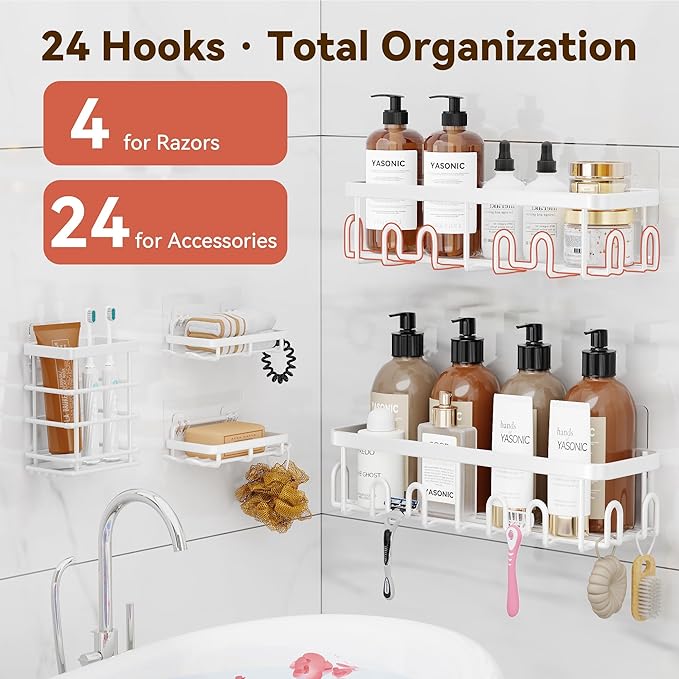 YASONIC Shower Caddy Adhesive, 100% Rustproof Shower Organizer with Soap and Toothbrush Holder, Large Capacity Shower Shelves for Inside Shower, No Drill Shower Storage for Home (5 Pack White)