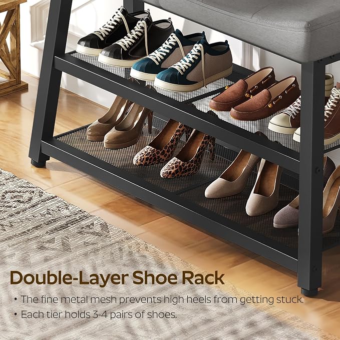 YATINEY Shoe Bench, 3-Tier Shoe Rack, Entryway Bench with Storage and Cushion, for Hallway, Foyer, Bedroom, Gray and Black HX02BG