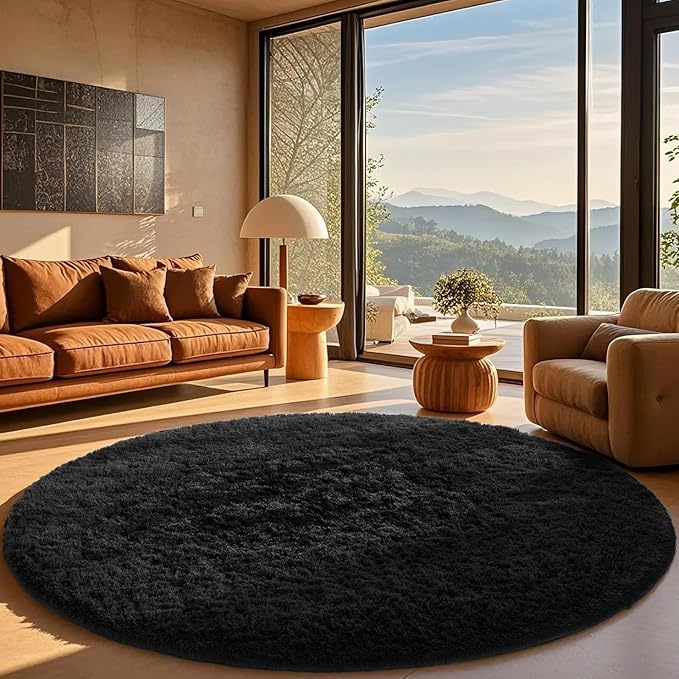 Ophanie Round Rug 8Ft Black Circle Area Rug, Room Decor for Men, Fluffy Fuzzy Bedroom Carpet, Plush Soft Shaggy Living Room Rugs for Kids Home Aesthetic, Nursery
