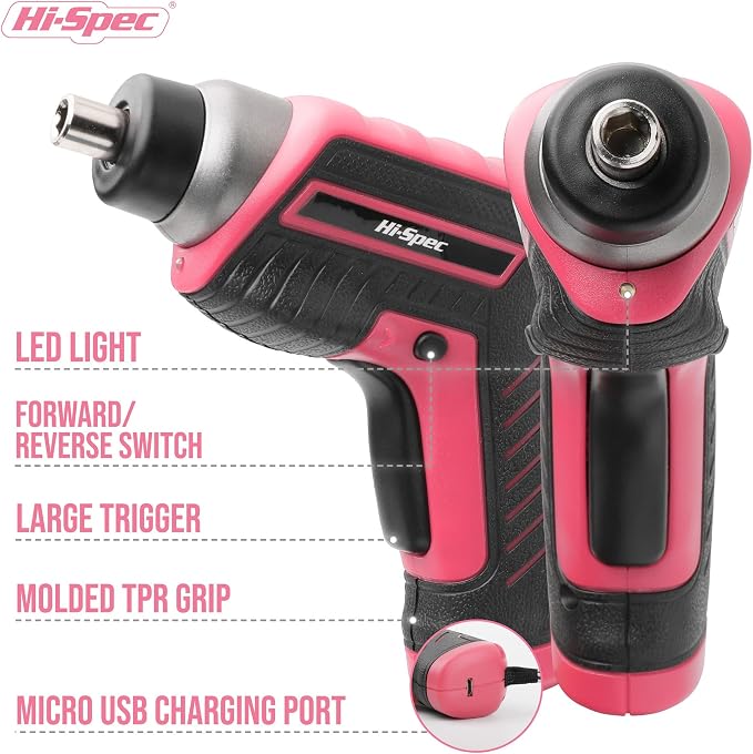 Hi-Spec 35-Piece Tool Kit with 3.6V USB Small Electric Screwdriver Set, Pink Drill Set for Women, Tool Kit for Home