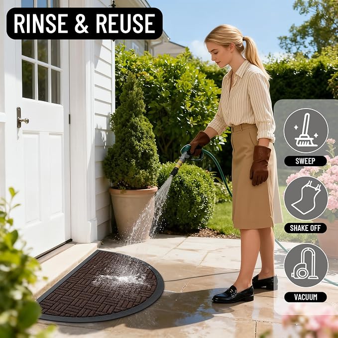 OLANLY Half Circle Door Mat Outside Entrance 29.5x17, Absorbent, Heavy Duty Sturdy Natural Rubber Doormat Indoor Outdoor, Fade Resistant, Non-Slip Backing Low Profile Floor Mat for Entryway, Brown