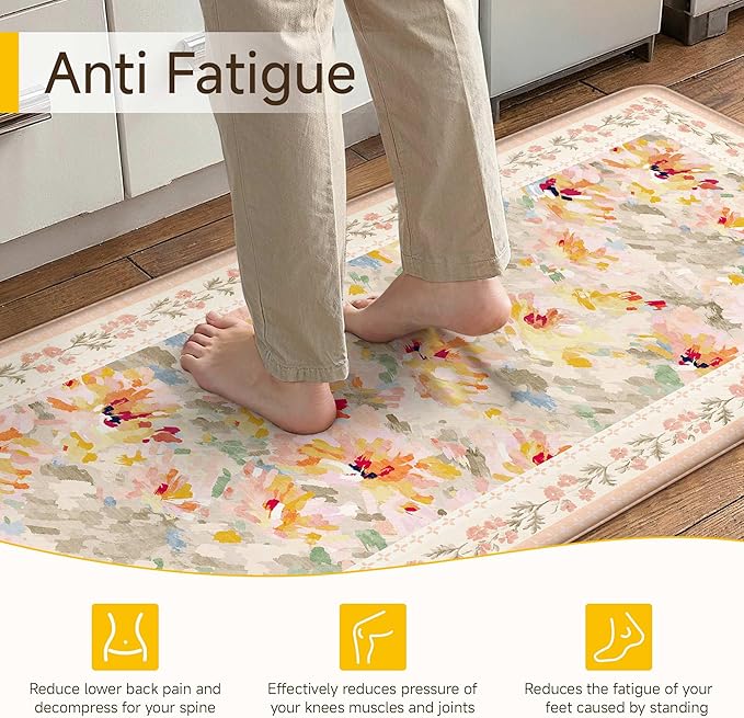 Anti Fatigue Kitchen Mats 2PCS Thick Non Slip Cushioned Rugs Beige Abstract Floral Waterproof Comfort Standing Mats for Floor Sink Laundry Office 17.3"×47"+17.3"×30"