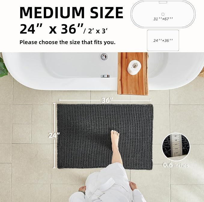 TYUU Black Bathroom Rug, Waffle Bath Mat Non Slip Washable Super Absorbent Quick Dry Boho Farmhouse Bathroom Decor, 36"x24"/ 3'x2' Black