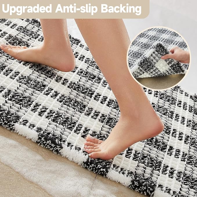 TYUU Waffle Runner Rug Bathroom, Long Boho Bathroom Rugs Non Slip Washable Absorbent Checkered Bathroom Mat Quick Dry Farmhouse Bath Mat, 72"x24" Black and White