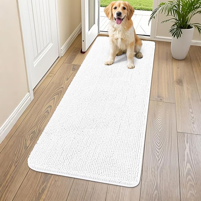 Smiry Dog Door Mat for Muddy Paws 59x24, Absorbent Dirt Trapper, Non-Slip Washable Chenille Entryway Rug for Inside Floor, White, Classic Solid