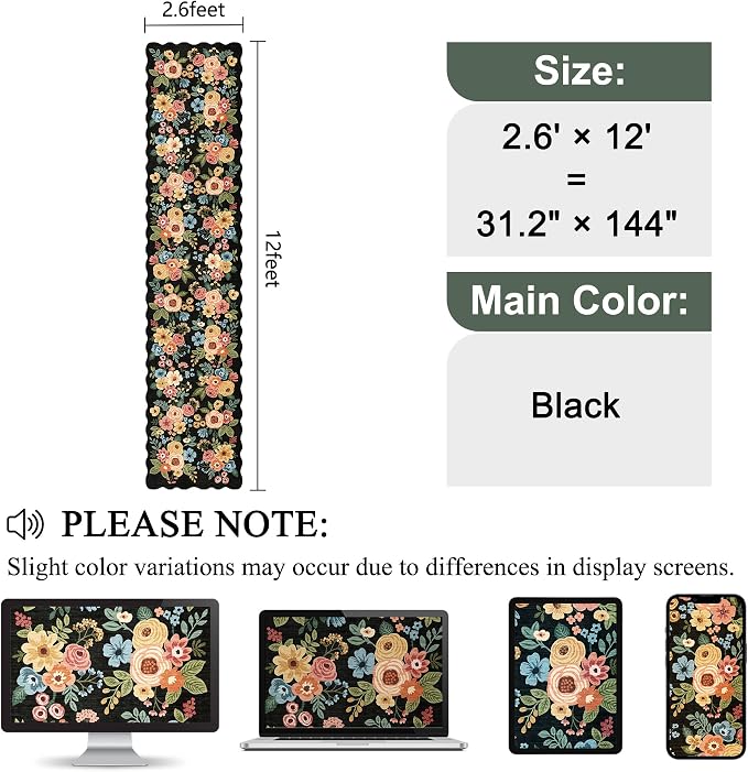 DUKINO 2.6x12 Runner Rug for Hallway, Non Slip Floral Washable Kitchen Rug with Low Pile Design, Boho Stain Resistant Floor Carpet Runner for Entryway, Bathroom, Laundry, Bedroom, Black