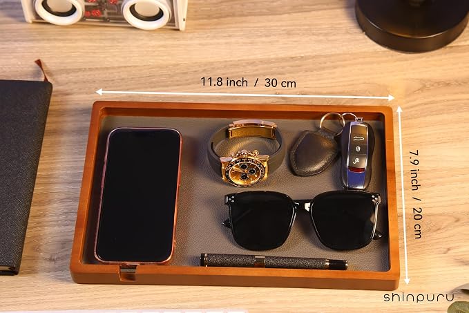 Shinpuru Wooden Valet Tray for Men, Nightstand Organizer with Leather Inlay, EDC Essentials Catchall Tray for Keys, Phone, Wallet, Watch, Earbuds - Bedside Desk Entryway Tray (Wood-Full)
