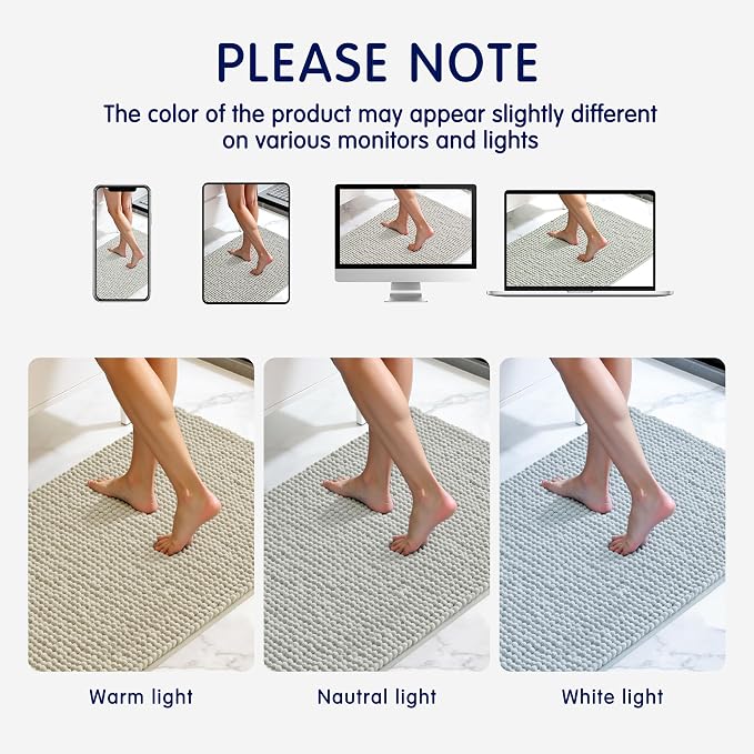 SUBRTEX Bathroom Rugs, 24" x 55" Chenille Bath Rug Soft Short Plush Bath Mat Soft Shower Mat Water Absorbent Shower Mat Quick Dry Machine Washable, Light Gray