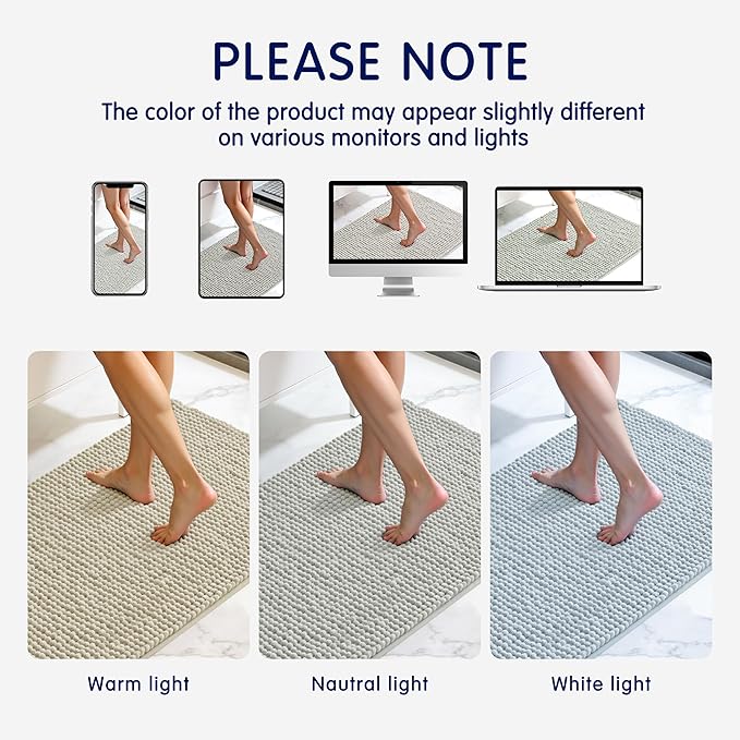 SUBRTEX Bathroom Rugs, 20" x 32" Chenille Bath Rug Soft Short Plush Bath Mat Soft Shower Mat Water Absorbent Shower Mat Quick Dry Machine Washable, Light Gray