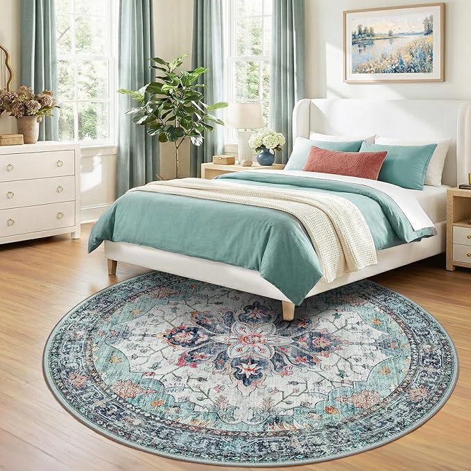 RELEANY Area Rugs Round 8ft Washable Non-Slip, Floral Vintage Distress Medallion Carpet for Living Room Bedroom Dining Room, Green Navy Blue White Red Teal