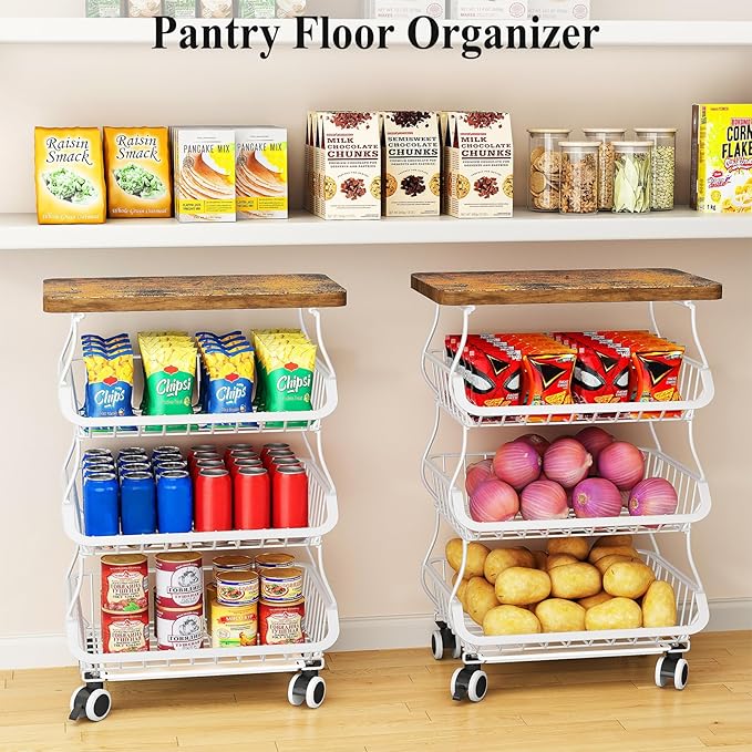 SAYZH Fruit Basket Kitchen Pantry Organizers and Storage - Wooden Top Table, Stackable Metal Wire Basket Stand Cart for Fruit Vegetable Snacks Onion Potato Organization (White, 4 Tiers)