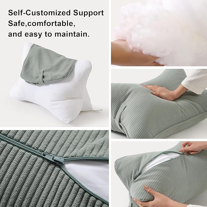 Pat. Pend. Corduroy Lumbar Support Back Pillow for Sitting Up & Reading, Ergonomic Triangle Back Support Cushion for Sofa, Armchair & Bed, Removable Washable Cover, Grey Green