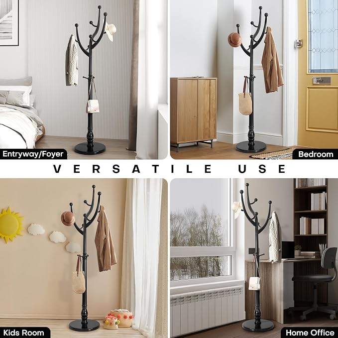 Bekrvio Coat Rack Freestanding Coat Tree with Sturdy Round Base, Unique Coat Hanger Stand, Heavy Duty Standing Coat Rack Clothes Stand for Winter Jacket, Hat, Entryway/Hallway/Bedroom, Black