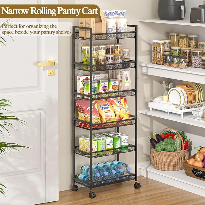 6 Tier Slim Rolling Storage Cart, Narrow Mobile Shelving Unit Organizer Utility Cart with Wheels, Metal Wire Storage Rack with Baskets for Kitchen, Bathroom, Laundry & Living Room, 10in(W) Black